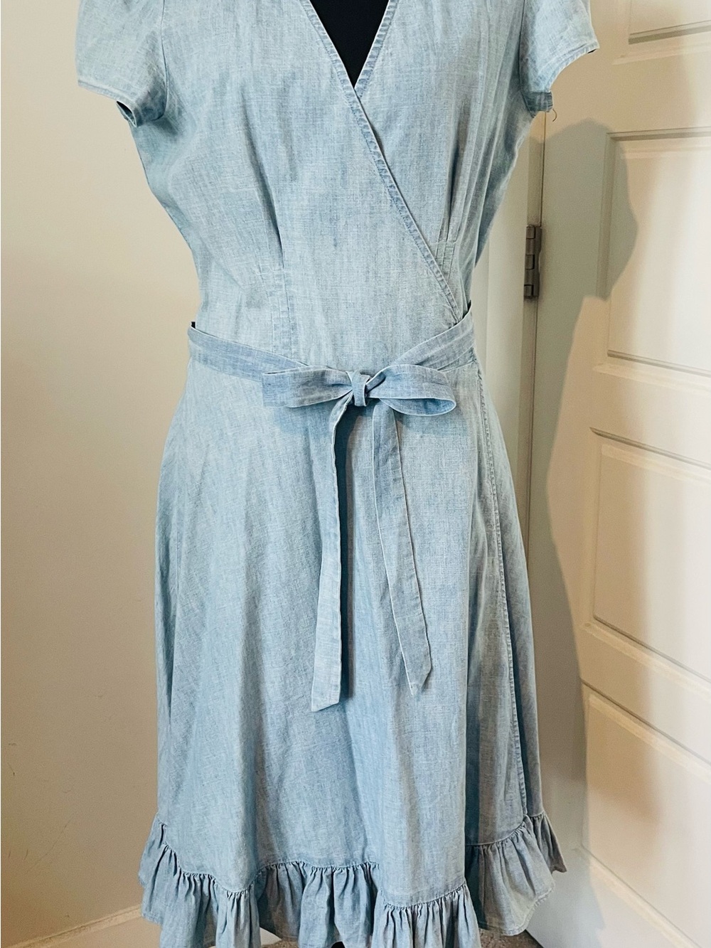 Ralph Lauren Light Blue Chambray Wrap Midi Dress with Tie Waist